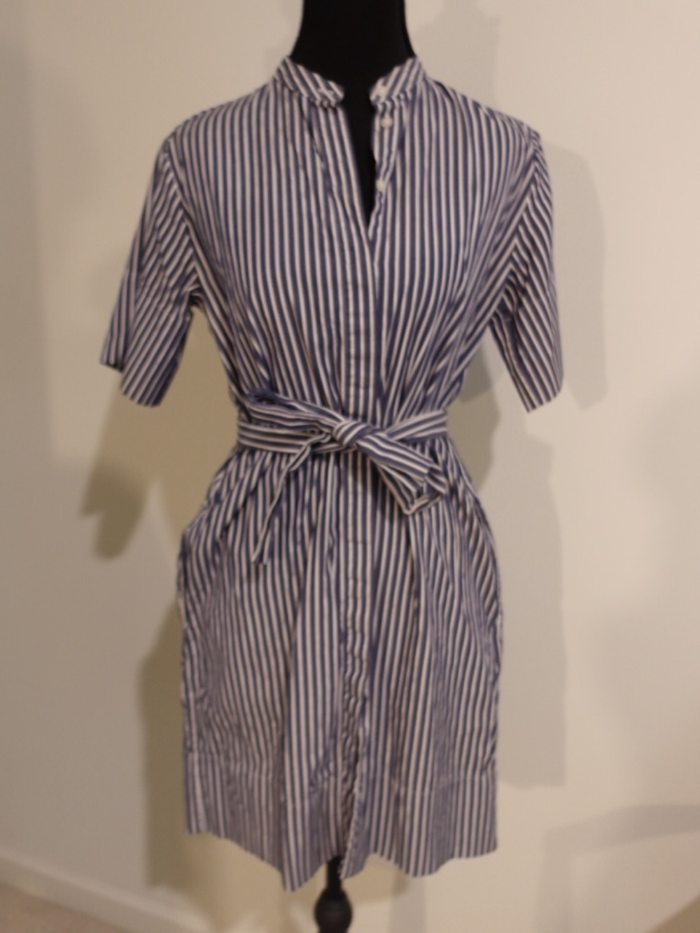 Everlane Blue and White Vertical-Stripe Shirt Dress with Tie Waist